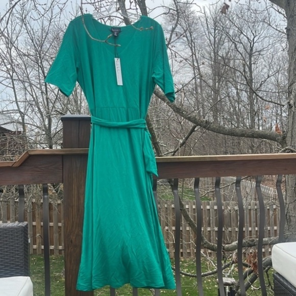 Nicole Miller v neck 3/4 sleeve belted maxi spring dress grass green size XL NWT - Picture 3 of 17